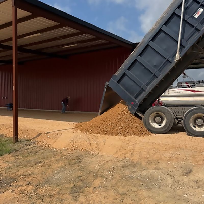 Road base tipped under the open bay while the shop was built